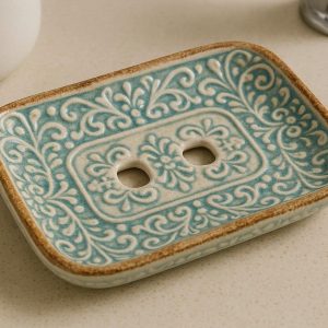 Ceramic Soap Dish with Glazed Finish and Decorative Pattern for Bathroom Vanity