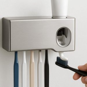 Stainless Steel Toothbrush Holder with Automatic Toothpaste Dispenser